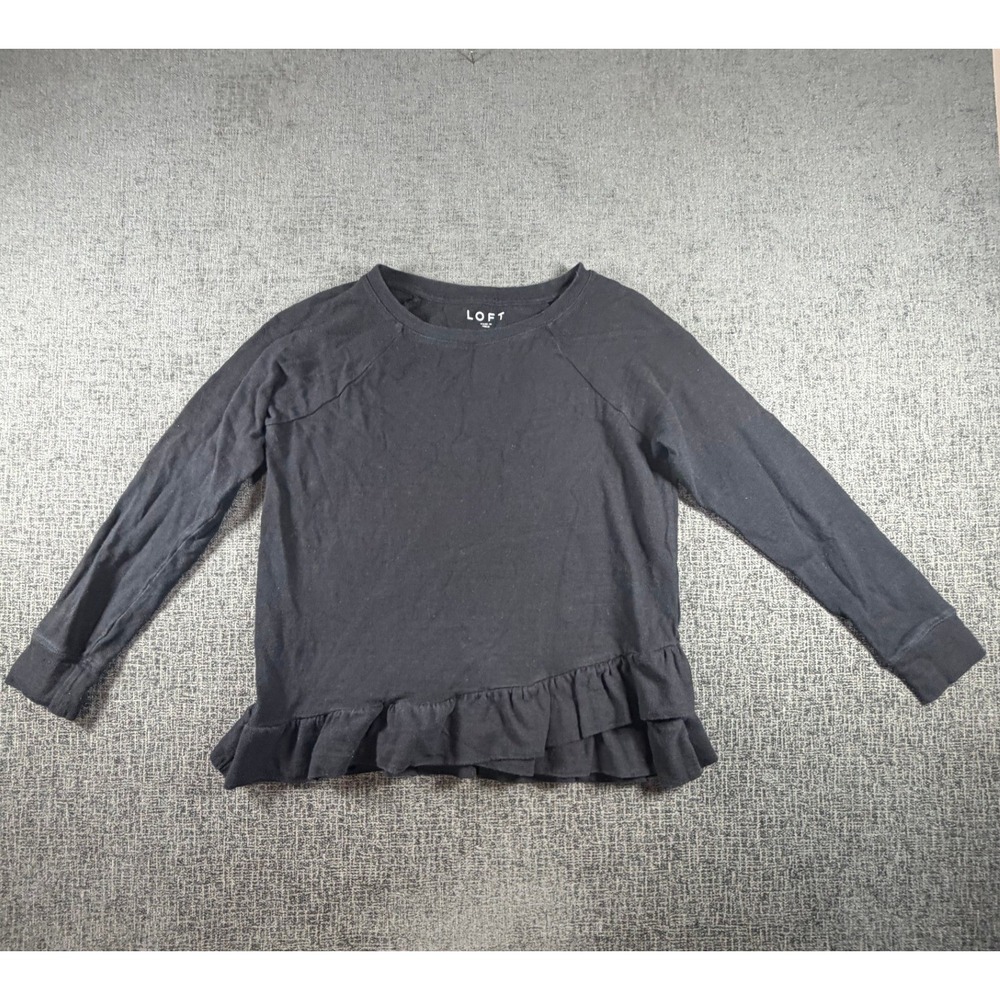 LOFT Womens Small Black Long Sleeve Ruffle Hem Cotton Knit Top Crew Neck Raglan